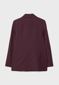 Blazer lungo bordeaux a manica lunga con colletto a punte, taglio dritto e tessuto liscio. Dotato di un design posteriore pulito, senza decorazioni visibili.