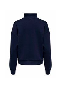 Sweatshirt bleu marine avec un col montant, des épaules tombantes et des poignets côtelés. Texture lisse avec un design court et un ourlet droit.