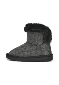 Bottine noire à paillettes courtes avec garniture en fourrure noire et semelle épaisse noire, conçue pour la chaleur et le confort en hiver.