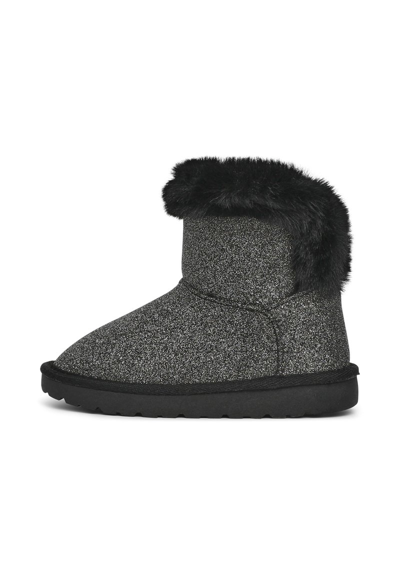 Bottine noire à paillettes courtes avec garniture en fourrure noire et semelle épaisse noire, conçue pour la chaleur et le confort en hiver.