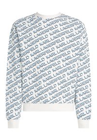 Felpa bianca con motivo testuale ripetuto in blu "KARL LAGERFELD". Collo rotondo, maniche lunghe con polsini elasticizzati e orlo a coste solido.