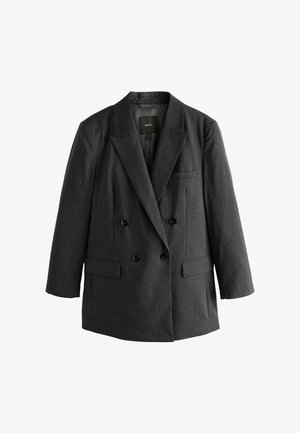 Mörkgrå randig dubbelknäppt blazer med stora svarta knappar, slagkrage och sidofickor, med en strukturerad och skräddarsydd design.