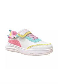 Sneaker bianco con accenti multicolori: rosa, giallo e turchese. Presenta una fascia in velcro testurizzata e una suola in gomma rotonda.