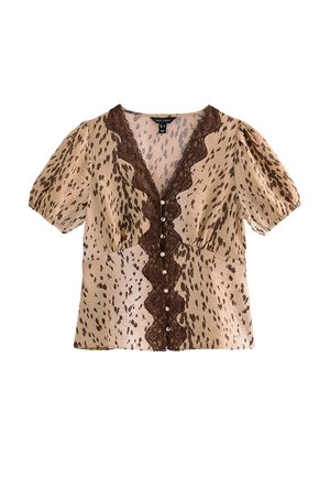 New Look, CRINKLE TEXTURE ANIMAL PRINT LACE TRIM TEA BLOUSE - Blouse - brown pattern