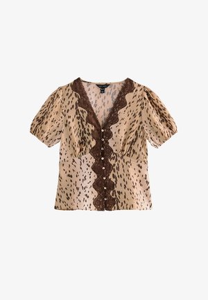 New Look, CRINKLE TEXTURE ANIMAL PRINT LACE TRIM TEA BLOUSE - Blouse - brown pattern