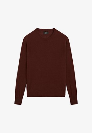 Bordó pletený svetr s kulatým výstřihem, dlouhými rukávy a žebrovanými manžetami a lemem. Hladká textura s klasickým střihem.