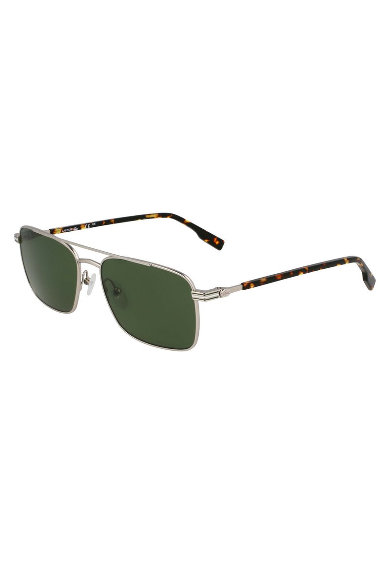 Ochelari de soare dreptunghiulari cu lentile verzi, cadru din metal argintiu și brațe cu model de scoică. Dispune de suporturi nazale ajustabile pentru confort.