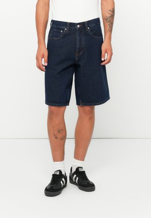 Dark blue denim shorts with a relaxed fit, featuring front and back pockets, a button closure, and a hem that falls just above the knee.