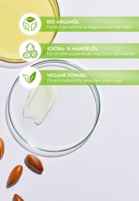 Clear glass dish contains a smooth, white cream. Surrounding are argan nuts and an oil droplet, all set against a white background.