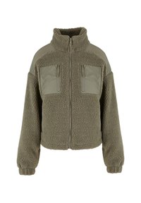 Flauschige olivgrüne Jacke mit hohem Kragen, Reißverschluss vorne und zwei Brusttaschen. Verfügt über einen weichen, strukturierten Fleece und glatte Schulterakzente.