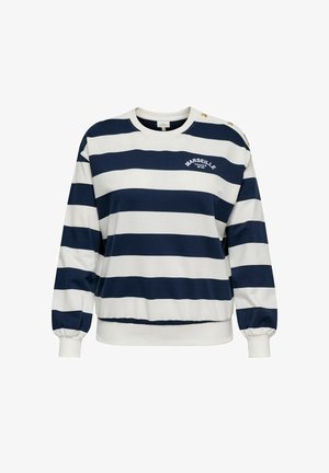 Marinblå och vitrandig sweatshirt med rund hals, elastiska muddar och guldfärgade knappdetaljer på axeln med texten "Marseille".