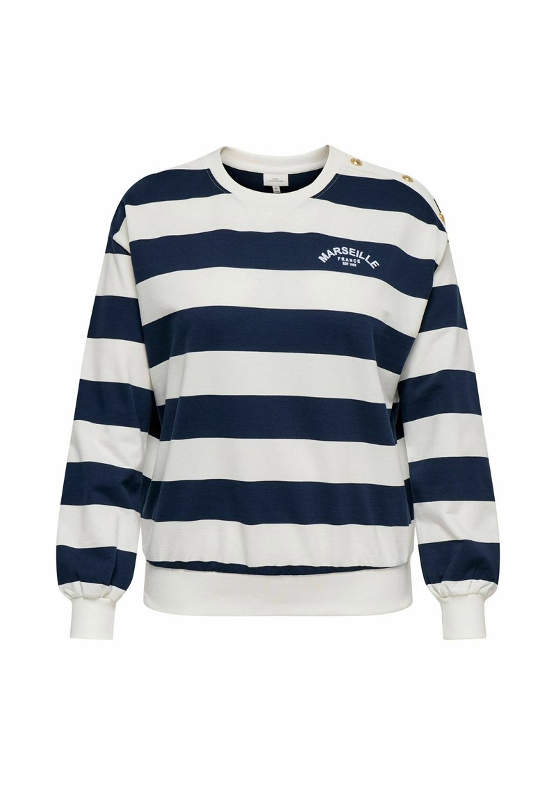Sweat-shirt rayé bleu marine et blanc, doté d'un col rond, de poignets élastiques et d'accents de boutons dorés sur l'épaule avec le texte « Marseille ».