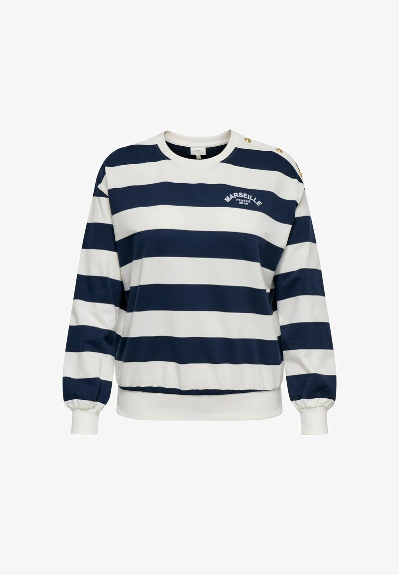 Sweat-shirt rayé bleu marine et blanc, doté d'un col rond, de poignets élastiques et d'accents de boutons dorés sur l'épaule avec le texte « Marseille ».