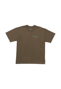 Brown cotton t-shirt with a relaxed fit, short sleeves, and a light blue printed logo on the chest. Simple design, no patterns or accents.