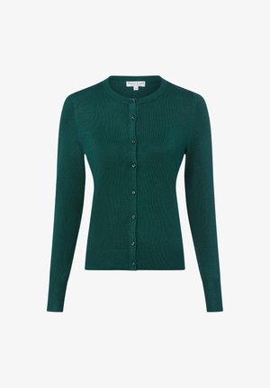 Grüne Strickjacke mit rundem Ausschnitt, langen Ärmeln, gerippten Bündchen und Frontknopfverschluss, aus strukturiertem Stoff und mit passenden Knöpfen.