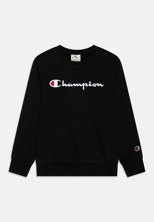 Sort sweatshirt lavet af bomuldsblanding med en hvid broderet "Champion"-logo på tværs af brystet og et lille logo på ærmet.