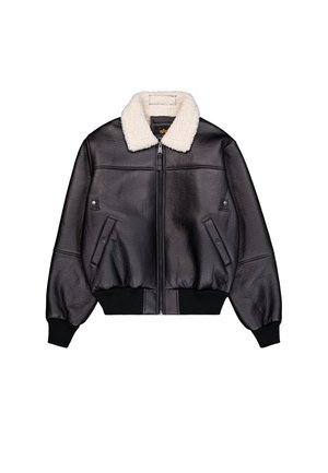 Veste bomber en cuir noir avec un col en polaire crème, des poignets côtelés et deux poches avant avec des fermetures à bouton. Surface texturée.