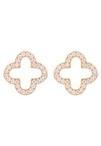 Orecchini in oro rosa a forma di trifoglio, accentuati da cristalli trasparenti lungo il bordo, con un centro aperto e una finitura lucida.