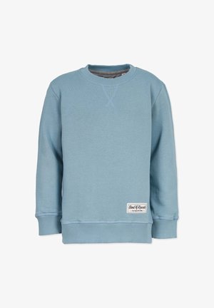 Lysblå sweatshirt med rund halsudskæring, lange ærmer, ribbede manchetter og kant. Har et mærketag nederst til højre. Blød stofstruktur.