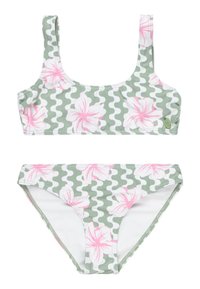 Zeleno-biela bikiny súprava s vlnovým vzorom a ružovými hibiskusovými kvetmi. Vrchná časť má široké ramienka; spodná časť má klasický strih.