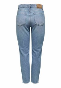 Ljusblå denimjeans med rak passform, fem fickor och fransad fåll. Har en brun läderlogotyp på midjebandet.