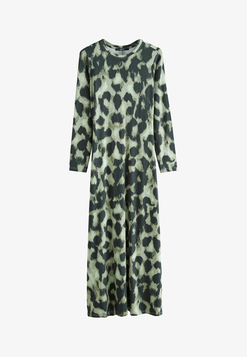 Robe maxi à manches longues avec un imprimé léopard abstrait vert et noir et un col rond, conçue pour un usage décontracté ou semi-formel.