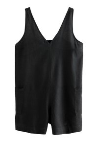 Rompers sans manches noir avec un décolleté en V, fabriqué dans un tissu texturé. Comprend deux poches latérales et un design de jambes droit.