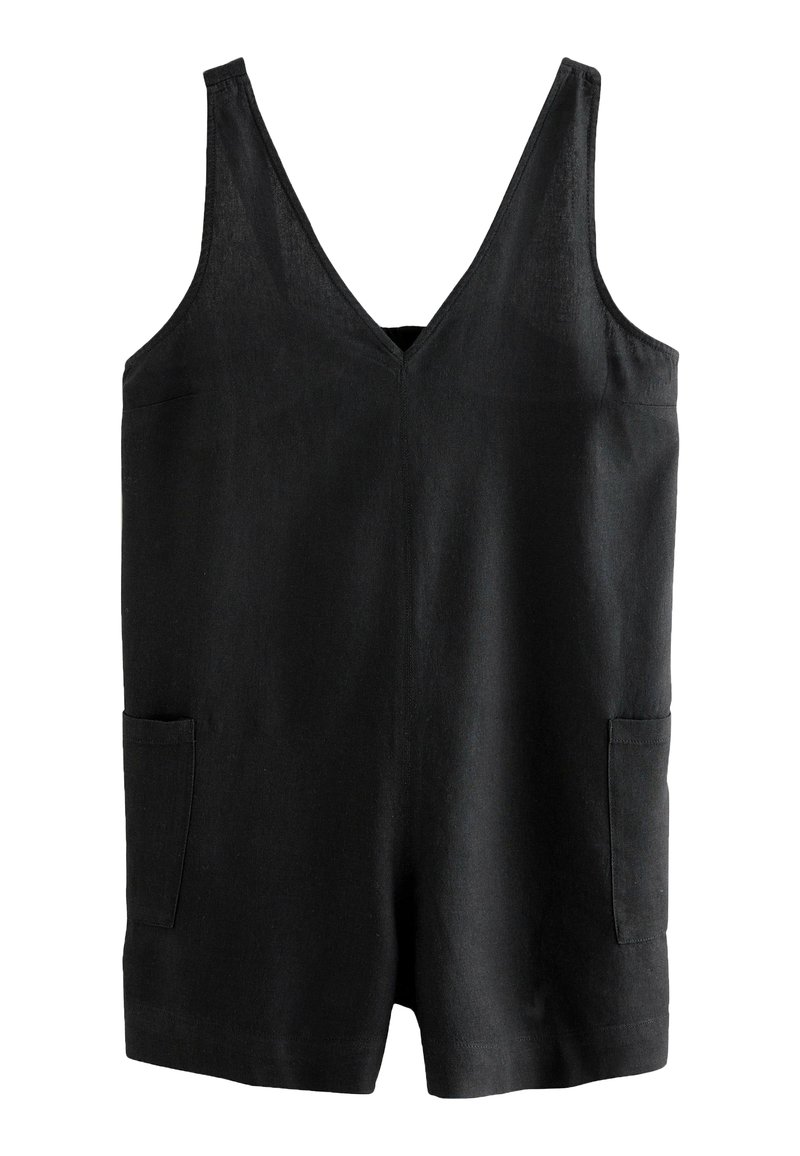 Rompers sans manches noir avec un décolleté en V, fabriqué dans un tissu texturé. Comprend deux poches latérales et un design de jambes droit.
