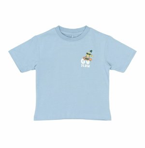 Svetlomodré tričko s krátkym rukávom vyrobené z bavlny, s grafikou kresleného charakteru a textom "GO SLOW" v bielej a zelenej farbe.