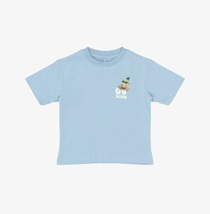 Tricou scurt, de culoare albastru deschis, din bumbac, cu un grafic ce ilustrează un personaj de desene animate și textul "MERGEȚI ÎNCET" în accente de alb și verde.