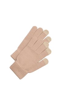 Guantes de punto en un suave color rosa con puntas en un beige claro contrastante. Cuentan con un puño de punto acanalado que ofrece un ajuste seguro.