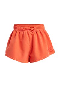 Helle orange Badehosen mit einem elastischen Bund und Kordelzug, versehen mit einem strukturierten Logopatch an der Seite. Glattes, leichtes Material.