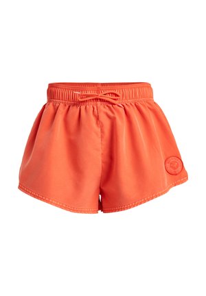 Bright orange swim shorts with an elastic waistband and drawstring, featuring a textured logo patch on the side. Smooth, lightweight fabric.