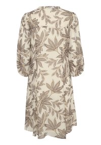 Leichtes, crèmefarbenes Kleid mit einem floralem Muster in Braun und Beige. Puffärmel mit elastischen Bündchen, knielang, weicher Textur.