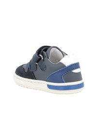 Sneaker blu con una combinazione di texture lisce e scamosciate. Presenta cinturini in velcro, un colletto imbottito e un dettaglio sul tallone bianco e blu scuro.