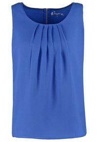 Hihaton sininen toppi, joka on valmistettu sileästä materiaalista, etuosassa laskostettu muotoilu ja pyöreä pääntie, jossa takana vetoketjusuljenta.