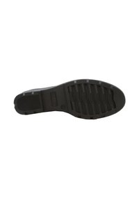 Suola di scarpa in gomma nera con superficie testurizzata e battistrada, caratterizzata da scanalature per una migliore aderenza e un profilo piatto. Contrassegnata con il logo del marchio.