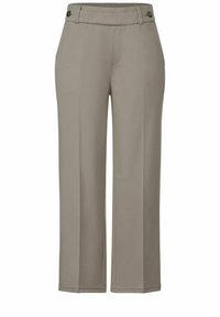 Beige vida byxor i mjukt tyg med rak front, bältesöglor och dubbla sidofickor, samt en knappdetalj vid midjan.