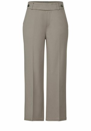 Pantaloni beige a gamba larga realizzati in tessuto liscio, con vita piatta, passanti per cintura e due tasche laterali, con un dettaglio a bottone in vita.