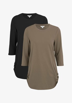 Kaksi pitkähihasta T-paitaa mustana ja oliivinvihreänä, joissa on pyöreä pääntie, pehmeä kangas ja sivuosa, jossa on solmiot.