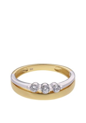 Gold and silver ring with three round clear gemstones set in a row on the silver part of the band.