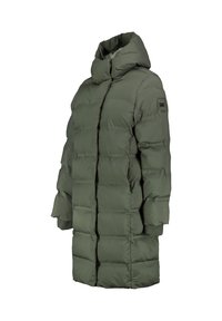 Olive green padded jacket with a high collar and hood, featuring a quilted design, ribbed cuffs, and a patch logo on the left arm.