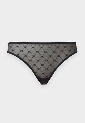 Μαύρα διαφανή bikini εσώρουχα από δίχτυ με διαγώνιο μοτίβο πλέγματος που διαθέτει επαναλαμβανόμενο λογότυπο "EA" και μονόχρωμη μαύρη επένδυση στη μέση και στα ανοίγματα ποδιών.