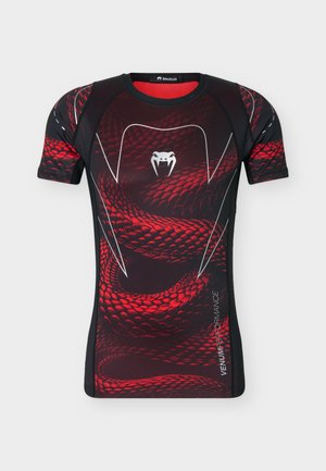 Black and red short-sleeve athletic shirt with snake scale pattern, white fangs logo on chest, and "Venum Performance" text on side.