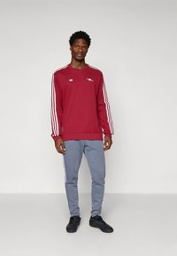 Sweatshirt bordô com mangas listradas em branco, apresentando um pequeno logótipo no peito, combinado com calças de treino cinza e sapatos pretos.