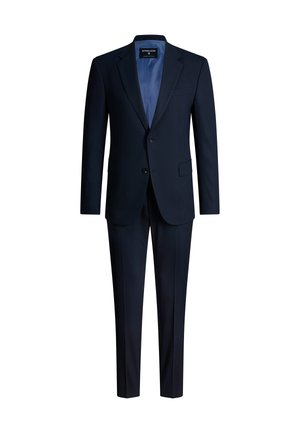 Donker marineblauw herensuit met bijpassend colbert en broek, tweeknopsluiting en lichtblauwe voering, weergegeven op witte achtergrond.