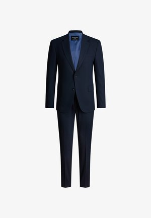 Dunkelmarineblauer Herrenanzug mit passendem Blazer und Hose, Zweiknopfverschluss und hellblauem Innenfutter, auf weißem Hintergrund präsentiert.