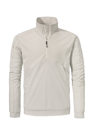 Hellbeiger Pullover mit hohem Kragen, halbem Reißverschluss vorne, langen Ärmeln und gestickten Details. Glattes Material mit leicht dehnbarem Textur.