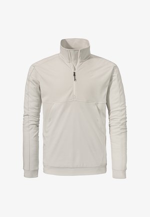 Hellbeiger Pullover mit hohem Kragen, halbem Reißverschluss vorne, langen Ärmeln und gestickten Details. Glattes Material mit leicht dehnbarem Textur.