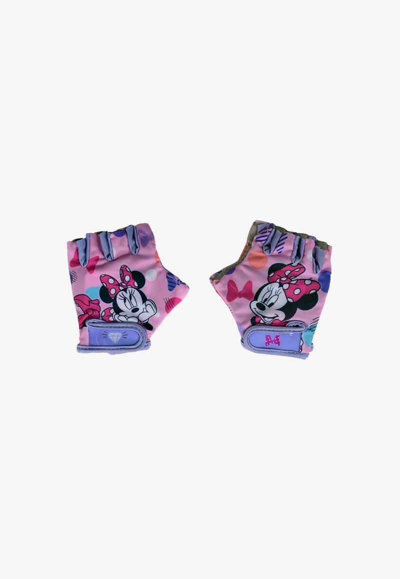 Children's fingerless gloves in soft, pink fabric featuring Minnie Mouse designs, with vibrant patterns and adjustable wrist straps.